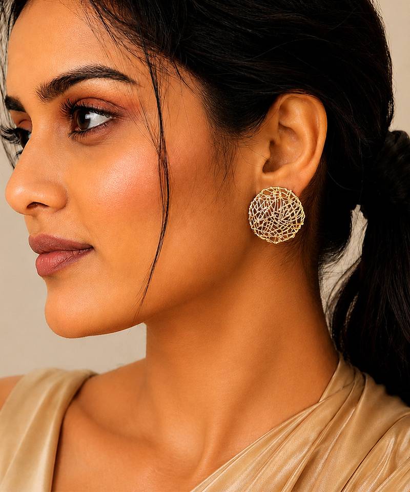 Gold plated metallic round stud earrings