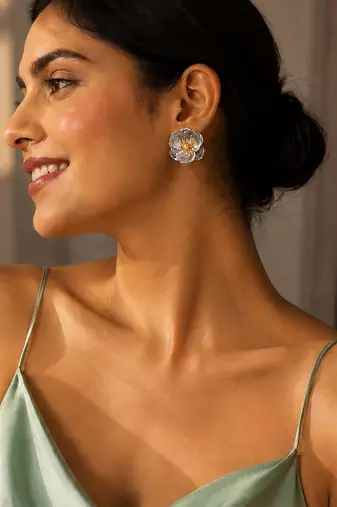 Silver gold metallic floral stud earrings