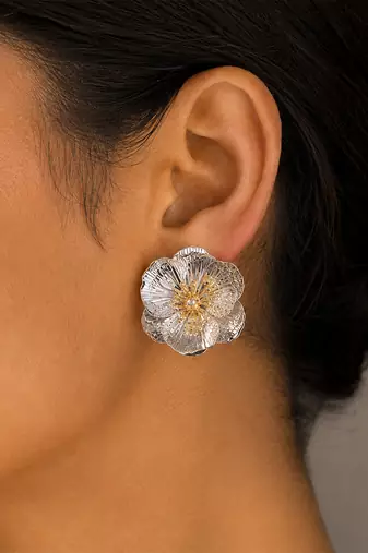 Silver gold metallic floral stud earrings