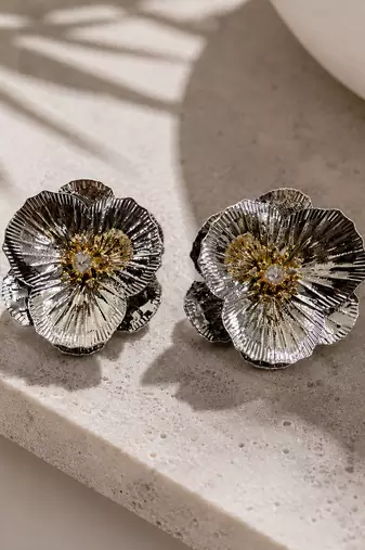 Silver gold metallic floral stud earrings