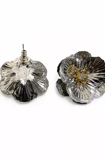 Silver gold metallic floral stud earrings
