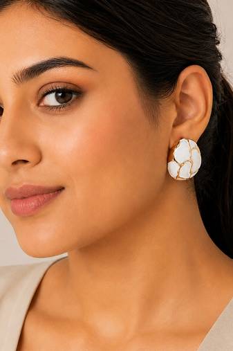 White stone metallic dome stud earrings