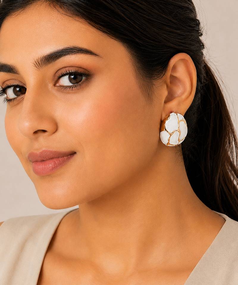 White stone metallic dome stud earrings