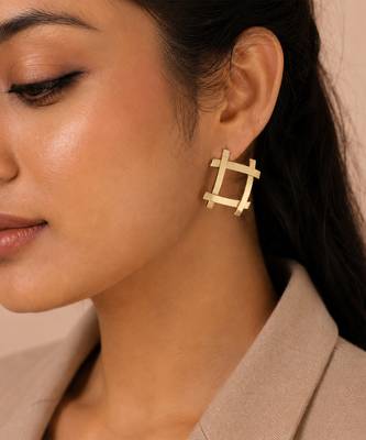 Gold plated metallic square grid earrings 1