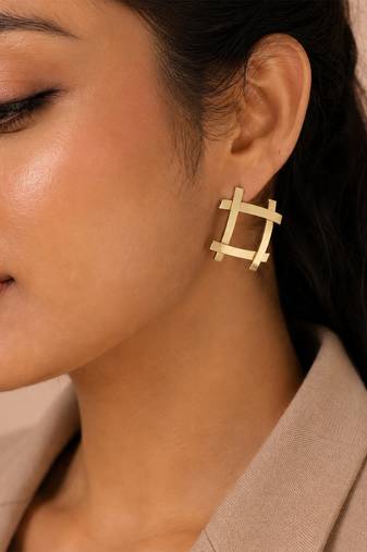 Gold plated metallic square grid earrings