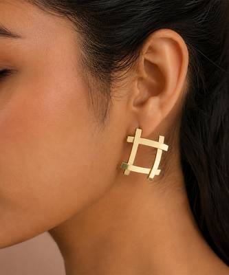 Gold plated metallic square grid earrings 2