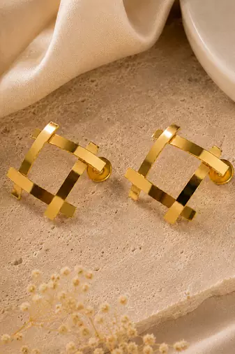 Gold plated metallic square grid earrings
