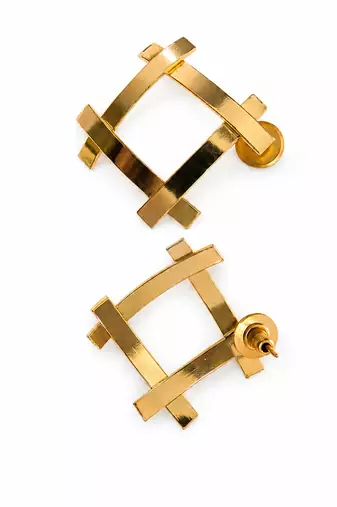 Gold plated metallic square grid earrings