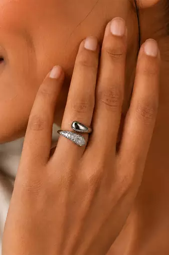 Silver dual texture metallic wrap ring