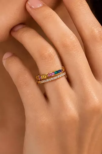 Gold plated multicolor stones band ring