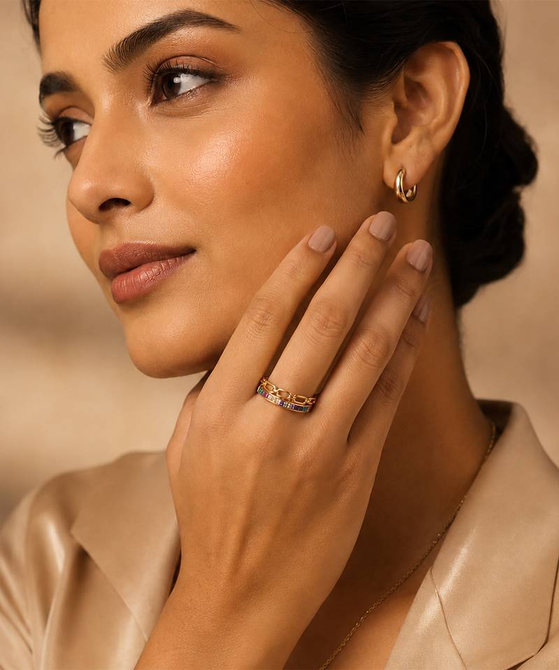 Gold plated multicolor stones dual statement ring