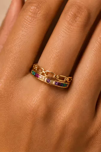 Gold plated multicolor stones dual statement ring