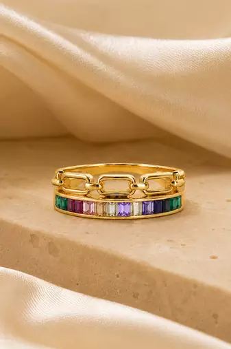 Gold plated multicolor stones dual statement ring