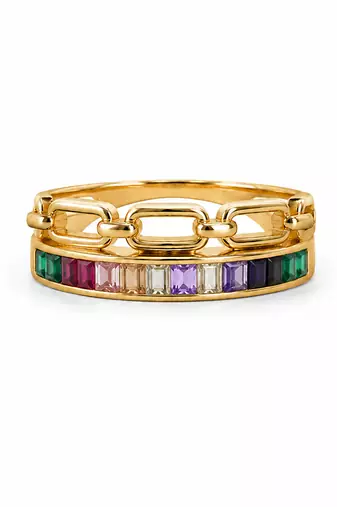 Gold plated multicolor stones dual statement ring