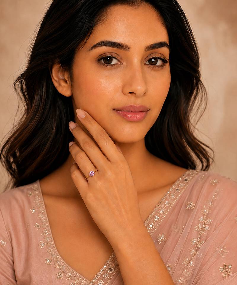 Gold plated pink stone metallic solitaire ring