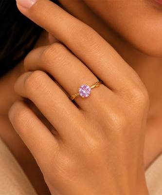 Gold plated pink stone metallic solitaire ring 2