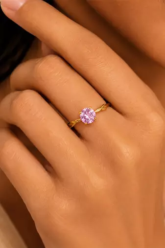 Gold plated pink stone metallic solitaire ring