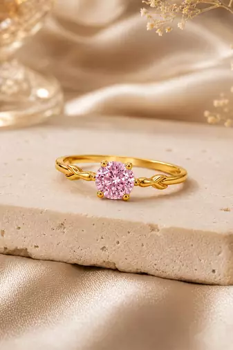 Gold plated pink stone metallic solitaire ring