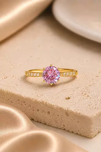 Gold plated pink stone solitaire ring