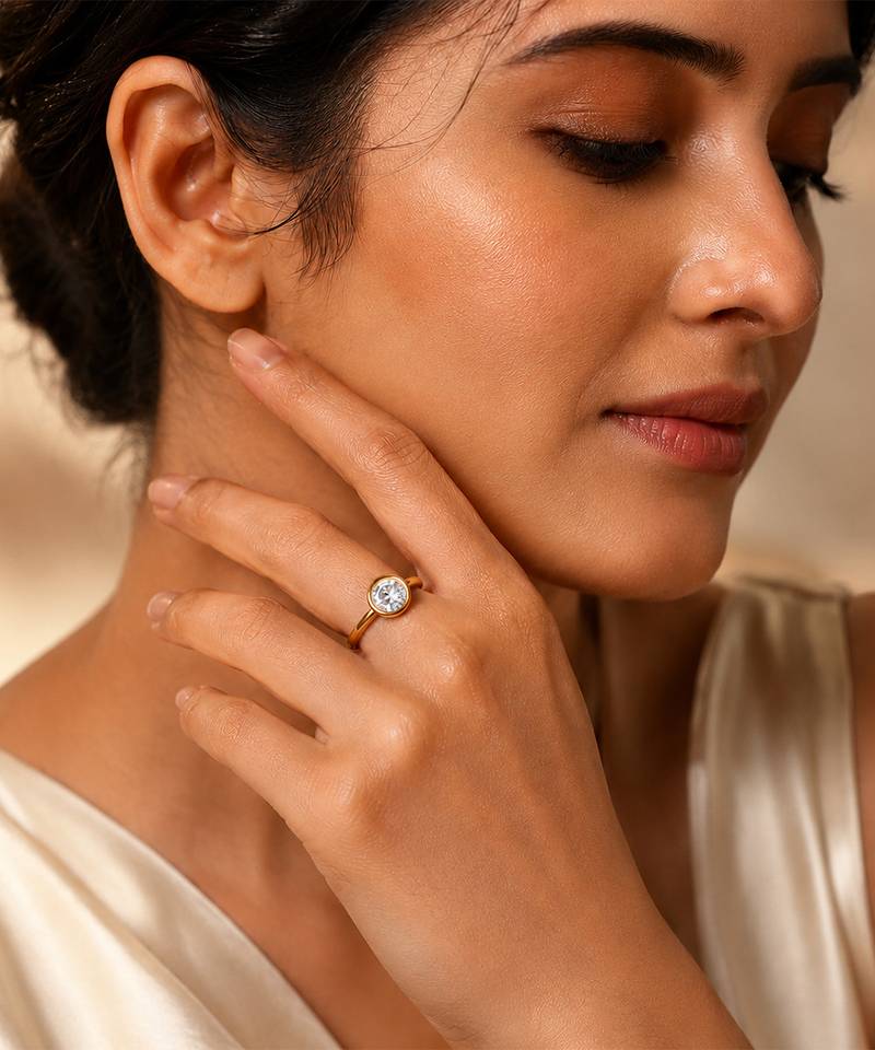 Gold plated metallic round solitaire ring
