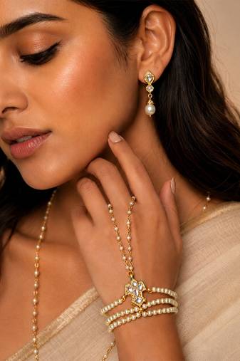 White beaded multistrand pearl haath phool