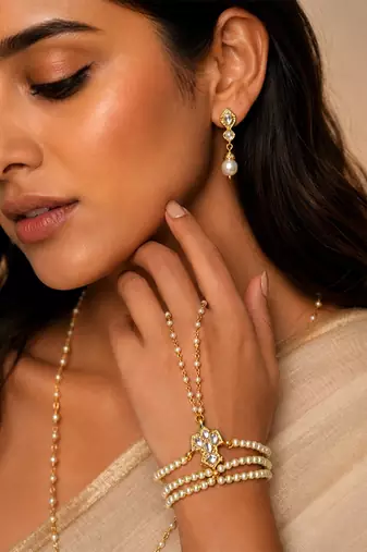 White beaded multistrand pearl haath phool