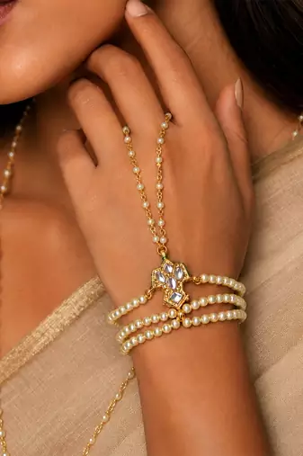White beaded multistrand pearl haath phool