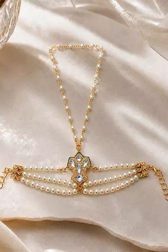 White beaded multistrand pearl haath phool