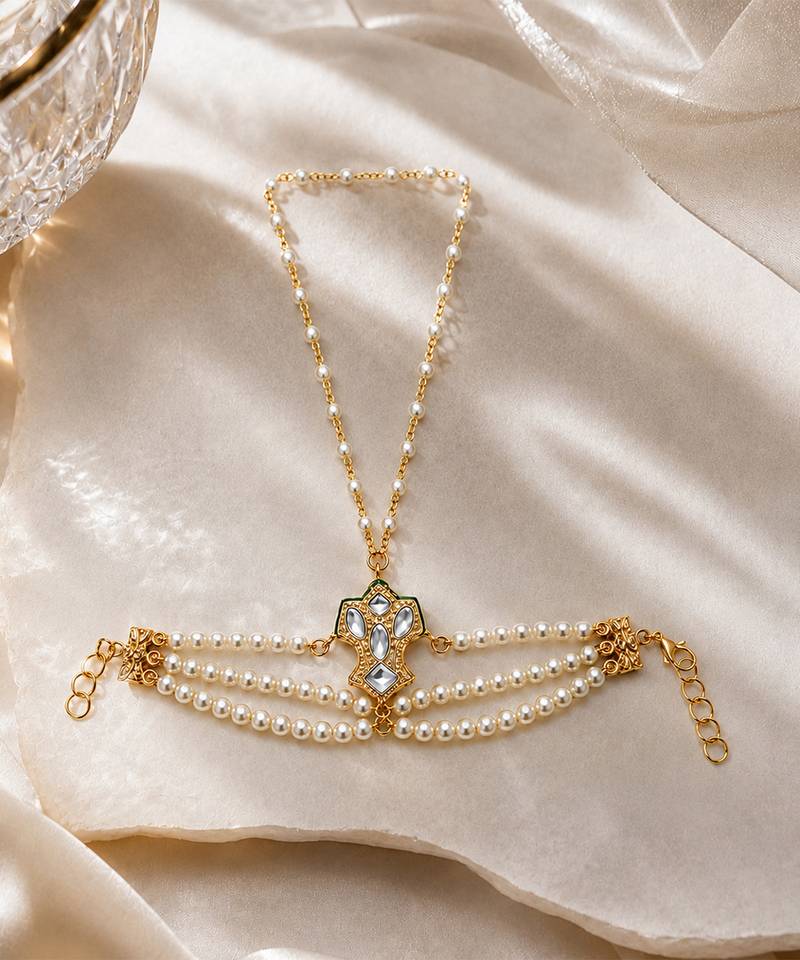 White beaded multistrand pearl haath phool