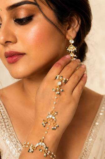 White beaded crescent moon haath phool