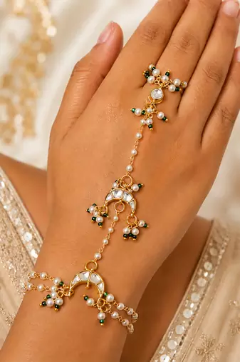 White beaded crescent moon haath phool