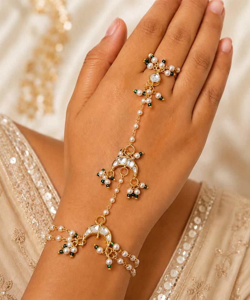 White beaded crescent moon haath phool
