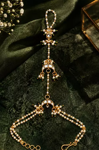 White beaded crescent moon haath phool