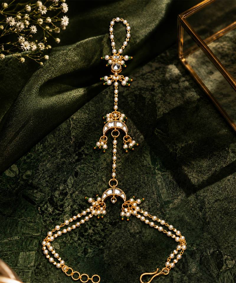 White beaded crescent moon haath phool