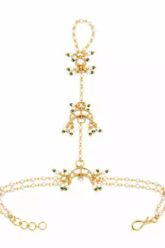 White beaded crescent moon haath phool