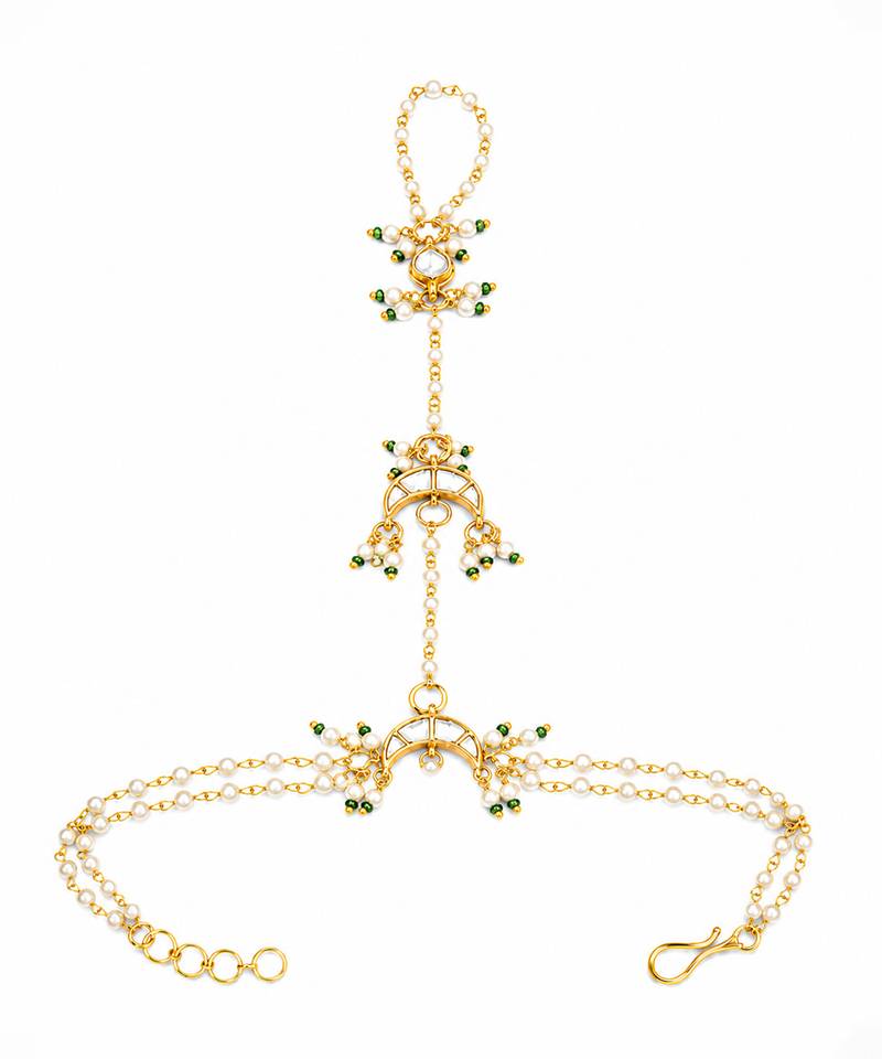 White beaded crescent moon haath phool