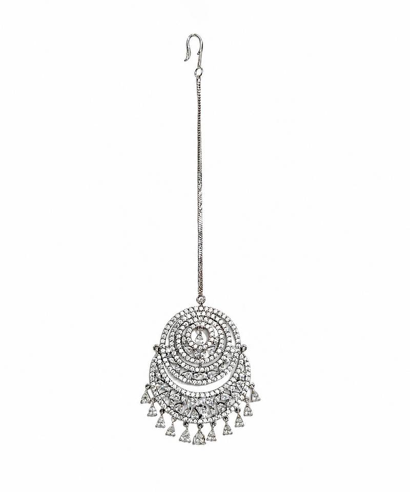 Silver crescent shaped metallic maang tikka