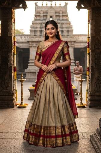 Beige & Red Kanci cottan blend half saree with traditional gold zari weaving work Lehenga