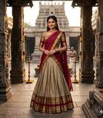 Beige & Red Kanci cottan blend half saree with traditional gold zari weaving work Lehenga