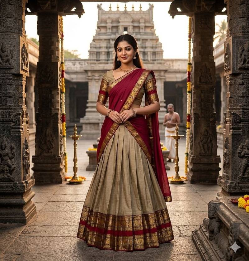 Beige & Red Kanci cottan blend half saree with traditional gold zari weaving work Lehenga