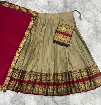 Beige & Red Kanci cottan blend half saree with traditional gold zari weaving work Lehenga 2