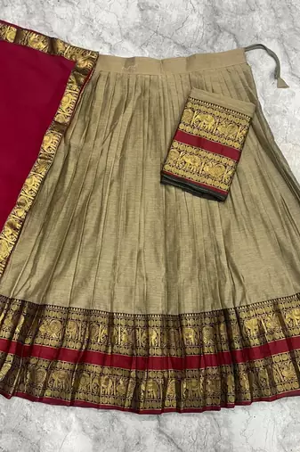 Beige & Red Kanci cottan blend half saree with traditional gold zari weaving work Lehenga