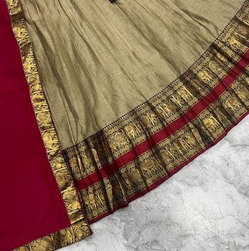 Beige & Red Kanci cottan blend half saree with traditional gold zari weaving work Lehenga 3