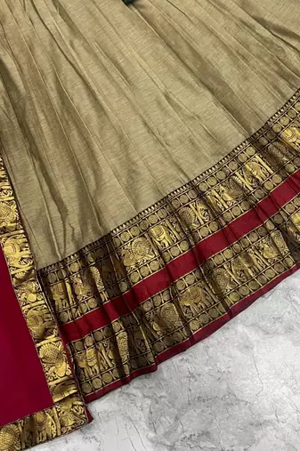 Beige & Red Kanci cottan blend half saree with traditional gold zari weaving work Lehenga