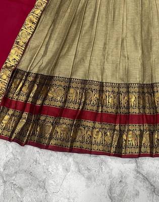 Beige & Red Kanci cottan blend half saree with traditional gold zari weaving work Lehenga 4