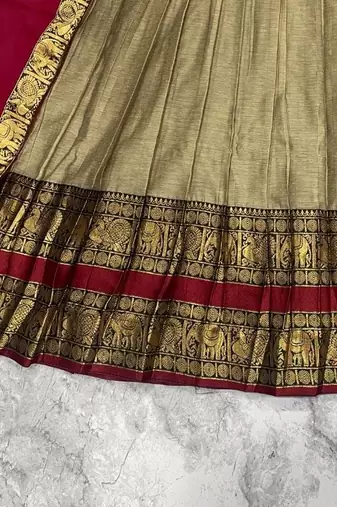 Beige & Red Kanci cottan blend half saree with traditional gold zari weaving work Lehenga