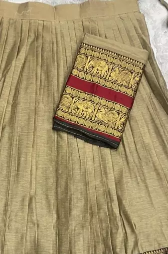Beige & Red Kanci cottan blend half saree with traditional gold zari weaving work Lehenga
