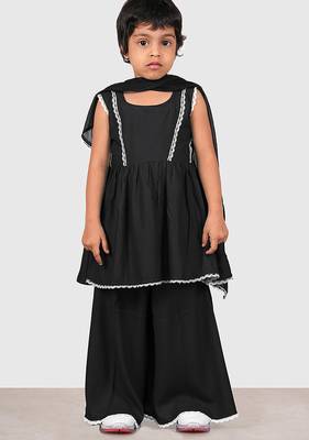 Black lace rayon flared kurta pant with chiffon dupatta set 1
