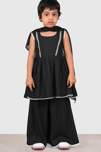 Black lace rayon flared kurta pant with chiffon dupatta set