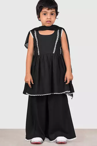 Black lace rayon flared kurta pant with chiffon dupatta set